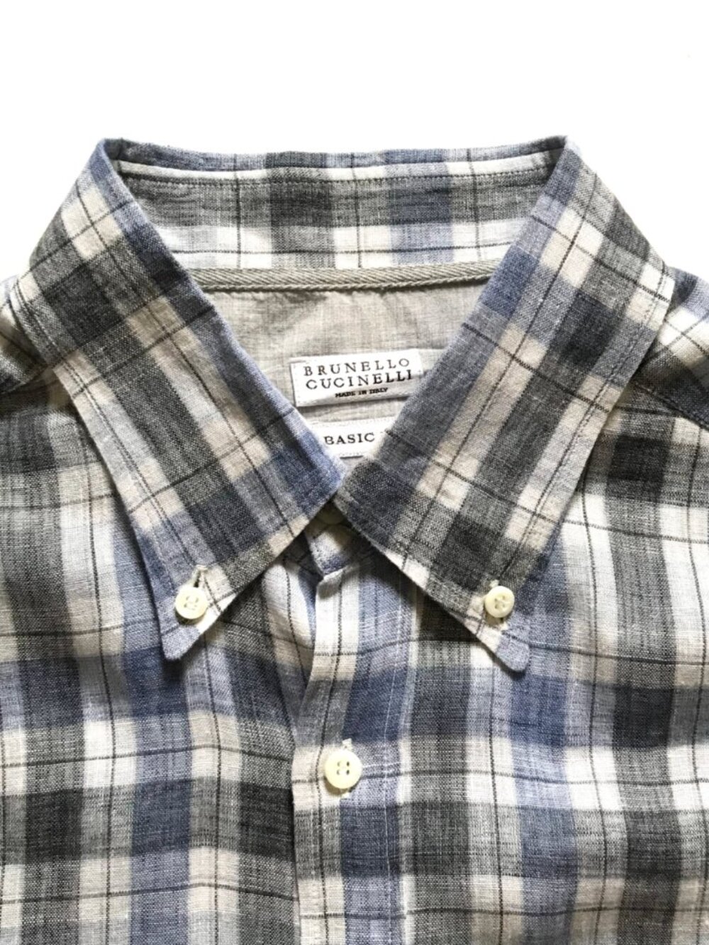 Brunello Cucinelli Plaid Button Down Shirt Mens Large Blue Gray Basic Fit Linen